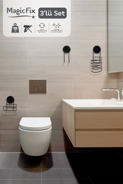 Okyanus Home Siyah Magic Fix Banyo Düzenleyici 3'lü Set-  İkili Askı - WC Kağıtlık - Saç Kurutmalık Askısı