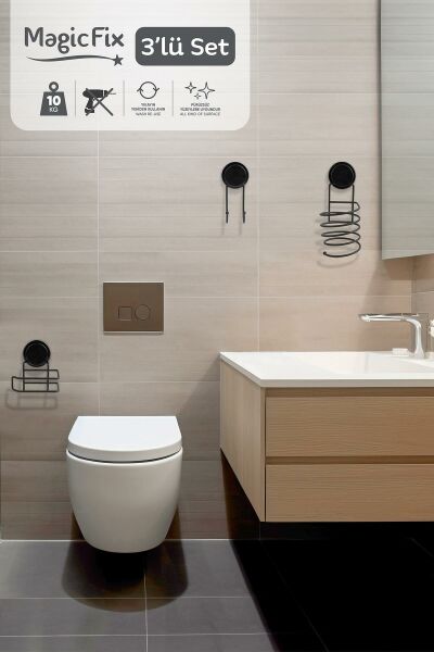 Okyanus Home Siyah Magic Fix Banyo Düzenleyici 3'lü Set-  İkili Askı - WC Kağıtlık - Saç Kurutmalık Askısı