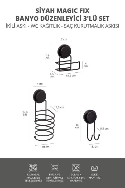 Okyanus Home Siyah Magic Fix Banyo Düzenleyici 3'lü Set-  İkili Askı - WC Kağıtlık - Saç Kurutmalık Askısı