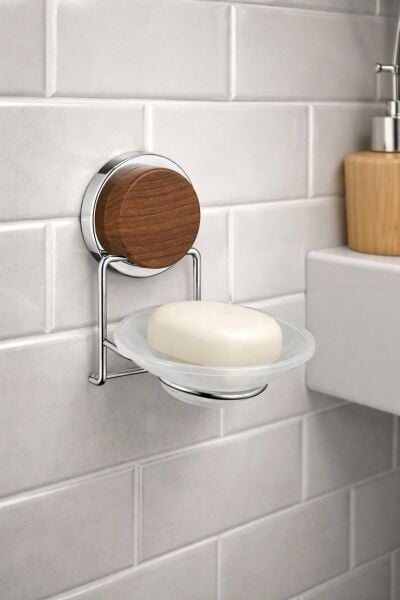 Okyanus Home Ahşap Desenli Magic Fix Krom Kuru Sabunluk