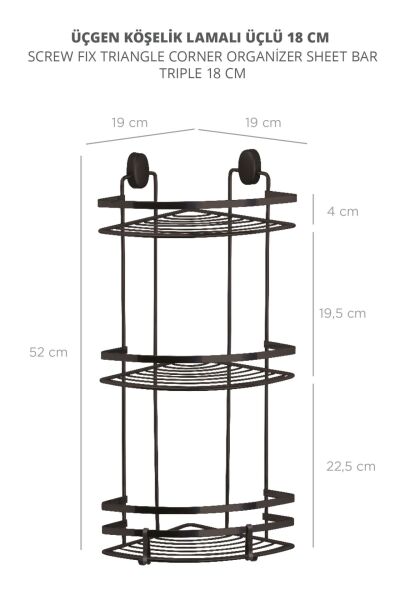 Okyanus Home Siyah Lamalı 3 Katlı Üçgen Köşelik - 22 cm