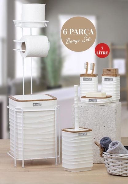 Okyanus Home Beyaz Ahşap Desenli Luna Kare Yedekli Wc Kağıtlık ve 6 Parça Banyo Seti