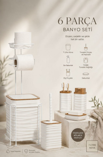 Okyanus Home Beyaz Ahşap Desenli Luna Kare Yedekli Wc Kağıtlık ve 6 Parça Banyo Seti