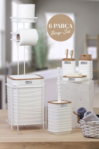 Okyanus Home Beyaz Ahşap Desenli Luna Kare Yedekli Wc Kağıtlık ve 6 Parça Banyo Seti