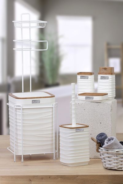 Okyanus Home Beyaz Ahşap Desenli Luna Kare Yedekli Wc Kağıtlık ve 6 Parça Banyo Seti