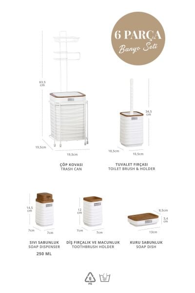 Okyanus Home Beyaz Ahşap Desenli Luna Kare Yedekli Wc Kağıtlık ve 6 Parça Banyo Seti