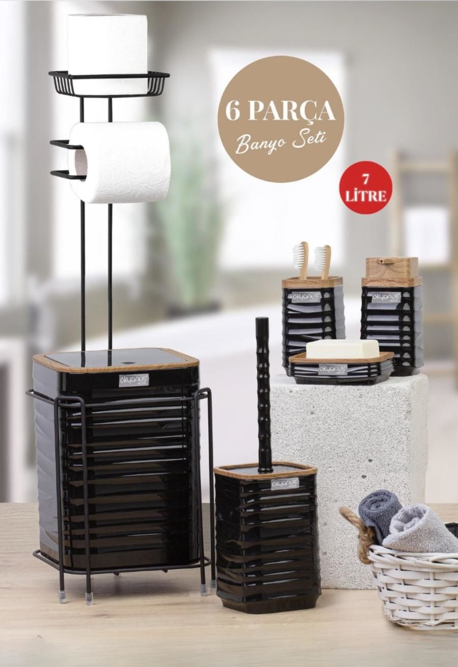 Okyanus Home Siyah Ahşap Desenli Luna Kare Yedekli Wc Kağıtlık ve 6 Parça Banyo Seti