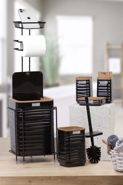 Okyanus Home Siyah Ahşap Desenli Luna Kare Yedekli Wc Kağıtlık ve 6 Parça Banyo Seti