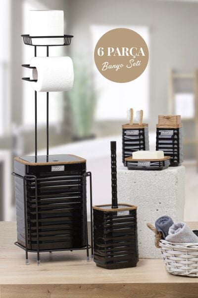 Okyanus Home Siyah Ahşap Desenli Luna Kare Yedekli Wc Kağıtlık ve 6 Parça Banyo Seti