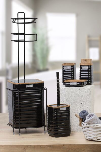 Okyanus Home Siyah Ahşap Desenli Luna Kare Yedekli Wc Kağıtlık ve 6 Parça Banyo Seti