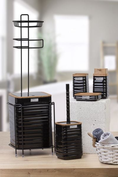 Okyanus Home Siyah Ahşap Desenli Luna Kare Yedekli Wc Kağıtlık ve 6 Parça Banyo Seti