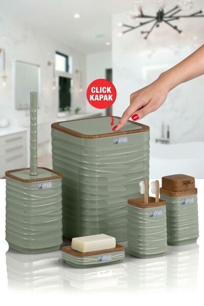 Okyanus Home Luna Yeşil Ahşap Desenli Kare 5'li Banyo Seti