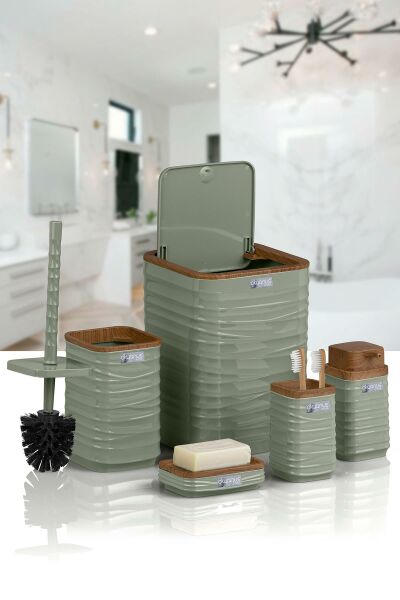 Okyanus Home Luna Yeşil Ahşap Desenli Kare 5'li Banyo Seti