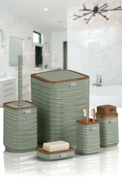 Okyanus Home Luna Yeşil Ahşap Desenli Kare 5'li Banyo Seti