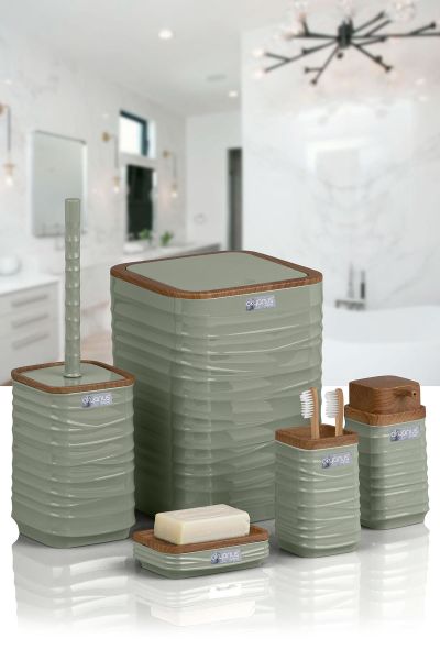 Okyanus Home Luna Yeşil Ahşap Desenli Kare 5'li Banyo Seti