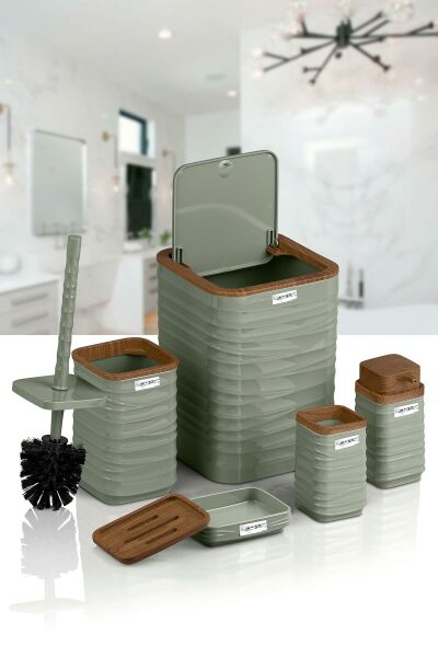 Okyanus Home Luna Yeşil Ahşap Desenli Kare 5'li Banyo Seti