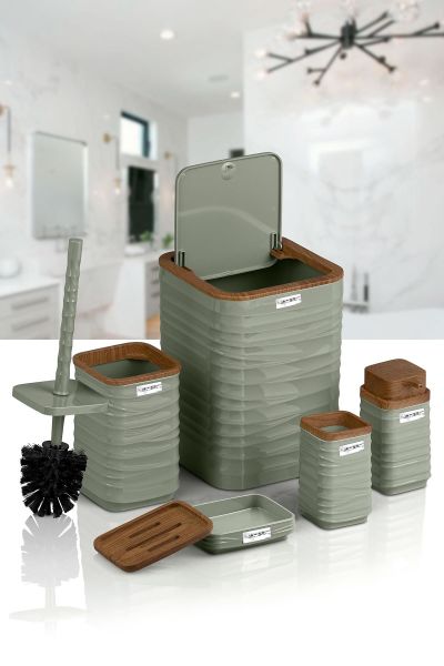 Okyanus Home Luna Yeşil Ahşap Desenli Kare 5'li Banyo Seti
