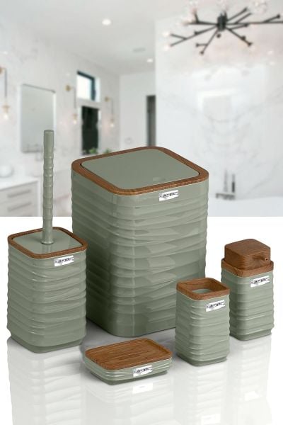 Okyanus Home Luna Yeşil Ahşap Desenli Kare 5'li Banyo Seti