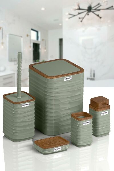 Okyanus Home Luna Yeşil Ahşap Desenli Kare 5'li Banyo Seti