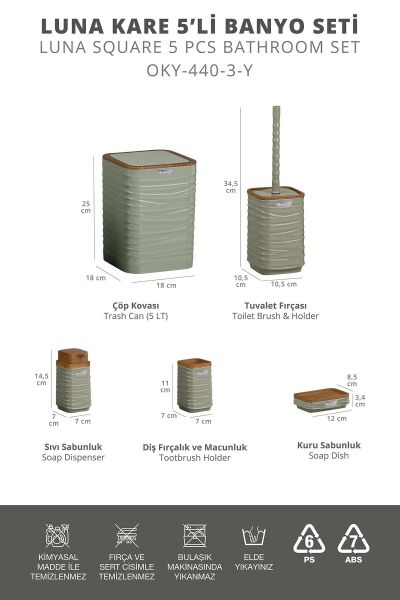 Okyanus Home Luna Yeşil Ahşap Desenli Kare 5'li Banyo Seti