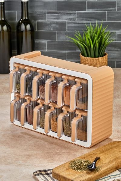 Okyanus Home Kendinden Yapışkanlı Standlı 12li Kapaklı Baharatlık Vizon
