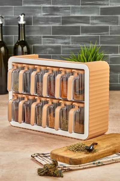 Okyanus Home Kendinden Yapışkanlı Standlı 12li Kapaklı Baharatlık Vizon