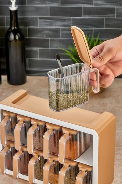 Okyanus Home Kendinden Yapışkanlı Standlı 12li Kapaklı Baharatlık Vizon