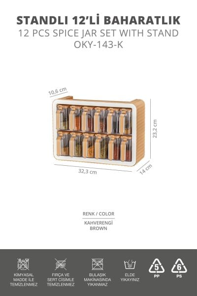 Okyanus Home Kendinden Yapışkanlı Standlı 12li Kapaklı Baharatlık Vizon