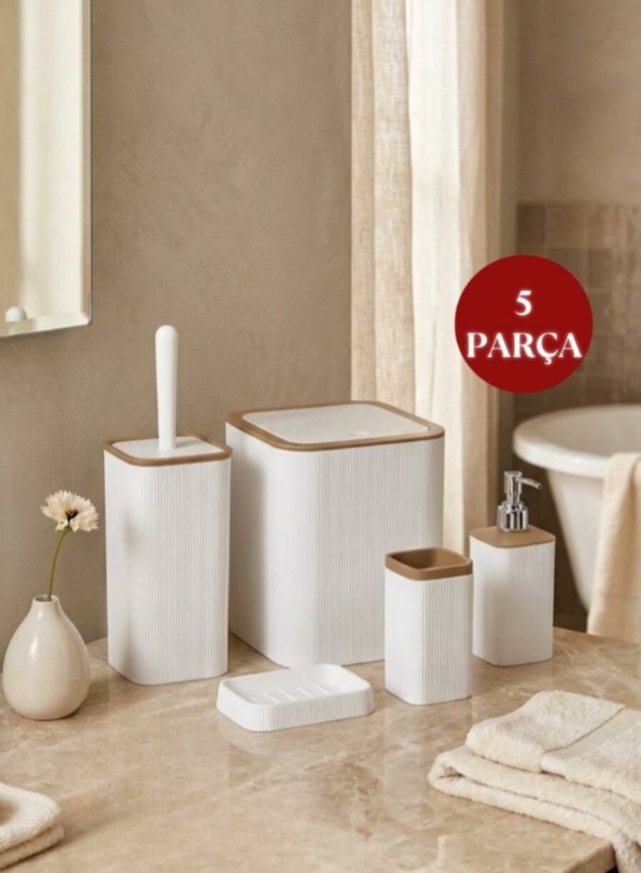 Okyanus Home Mina Due Beyaz Çizgili Kare 5'li Banyo Seti