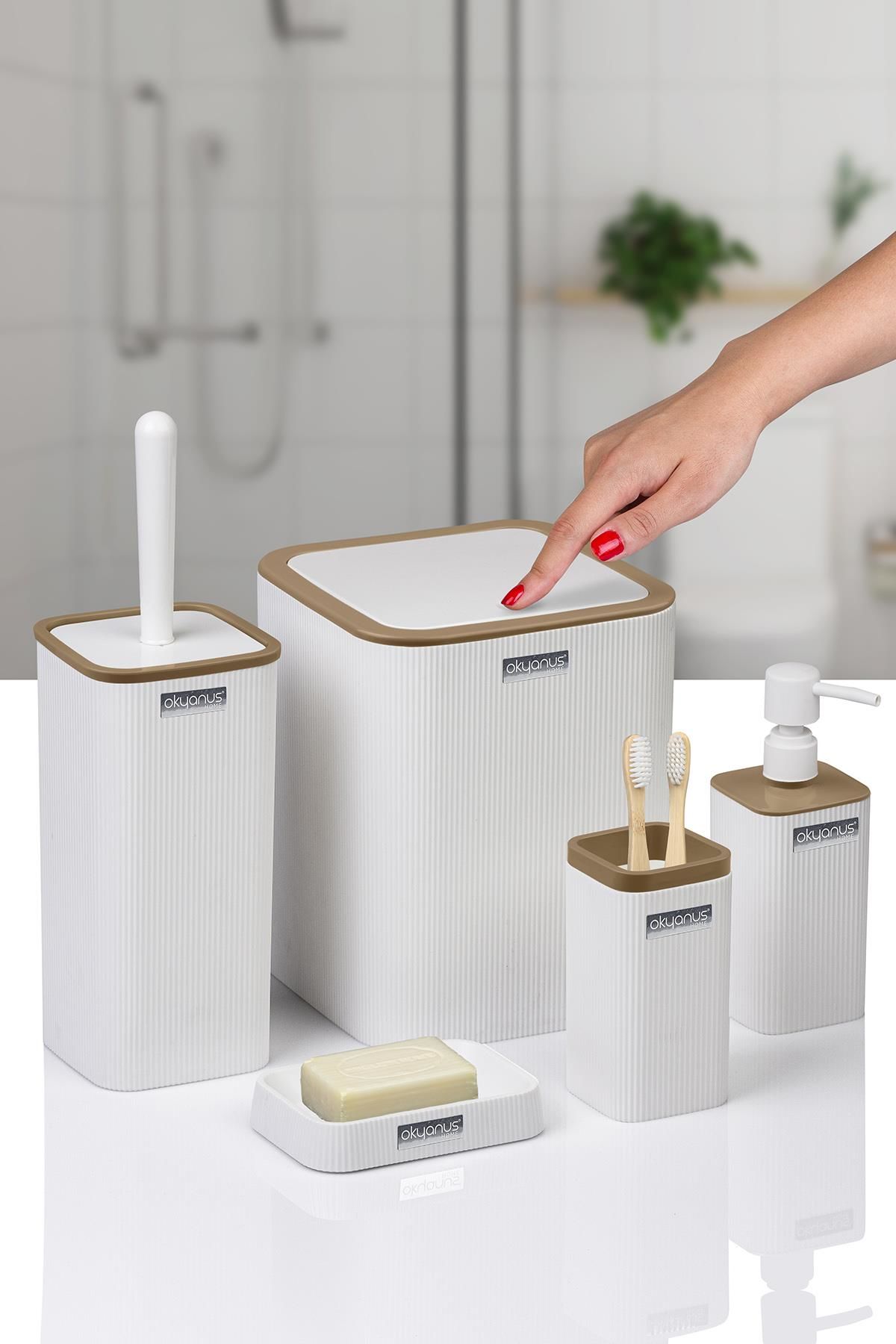 Okyanus Home Mina Due Beyaz Çizgili Kare 5'li Banyo Seti