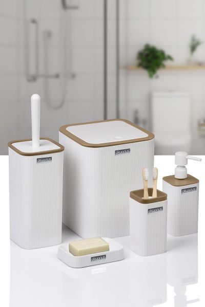 Okyanus Home Mina Due Beyaz Çizgili Kare 5'li Banyo Seti