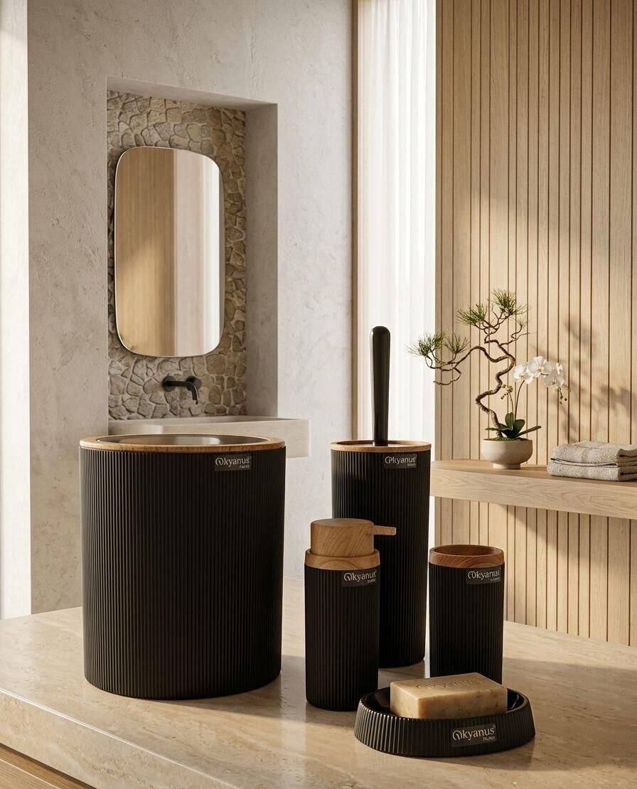 Okyanus Home Mina Siyah Ahşap Desenli Çizgili Yuvarlak 5'li Banyo Seti