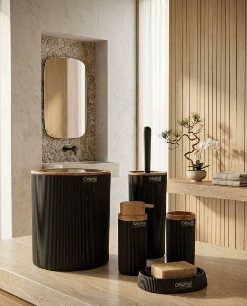 Okyanus Home Mina Siyah Ahşap Desenli Çizgili Yuvarlak 5'li Banyo Seti