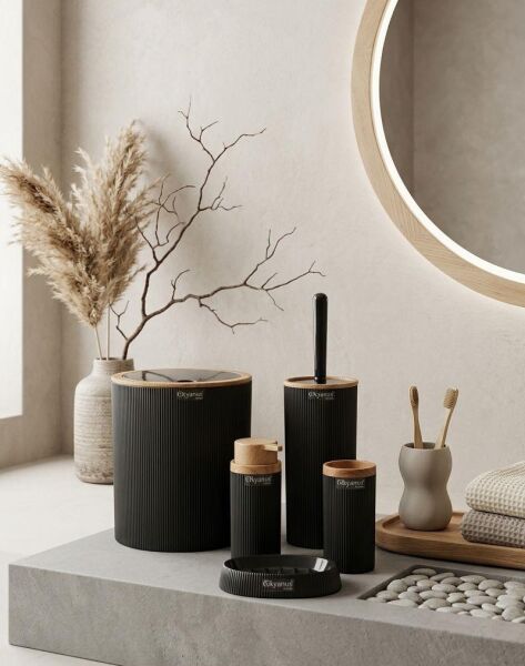 Okyanus Home Mina Siyah Ahşap Desenli Çizgili Yuvarlak 5'li Banyo Seti
