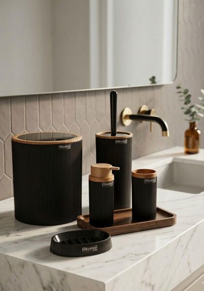 Okyanus Home Mina Siyah Ahşap Desenli Çizgili Yuvarlak 5'li Banyo Seti