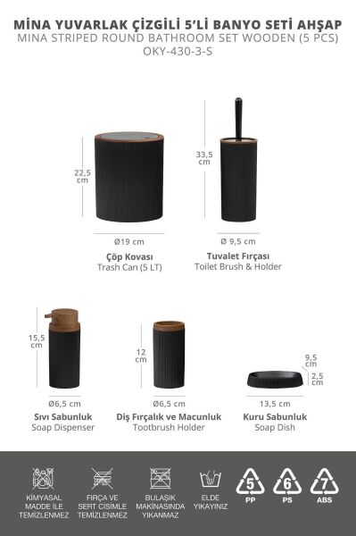 Okyanus Home Mina Siyah Ahşap Desenli Çizgili Yuvarlak 5'li Banyo Seti