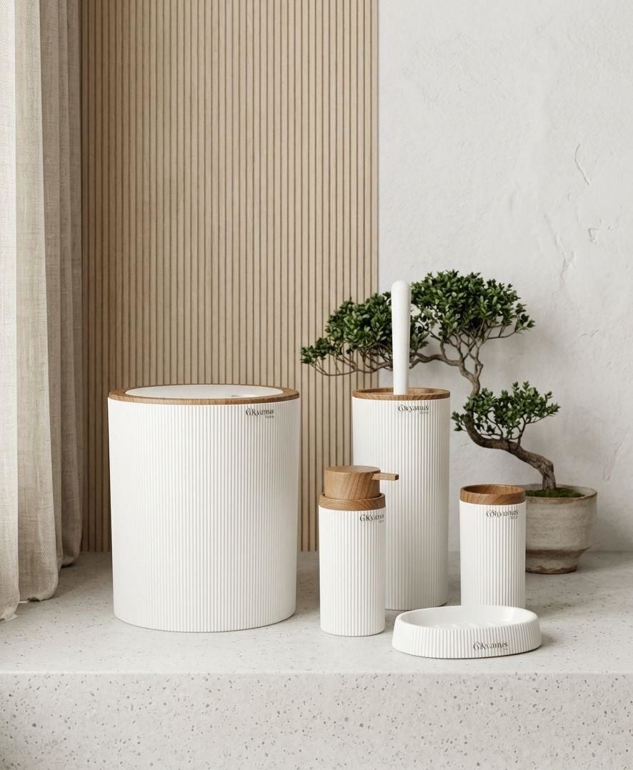 Okyanus Home Mina Beyaz Ahşap Desenli Çizgili Yuvarlak 5'li Banyo Seti