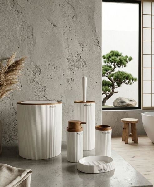 Okyanus Home Mina Beyaz Ahşap Desenli Çizgili Yuvarlak 5'li Banyo Seti