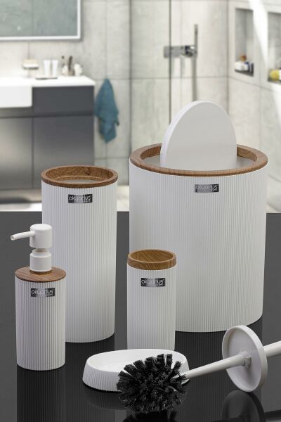 Okyanus Home Mina Beyaz Ahşap Desenli Çizgili Yuvarlak 5'li Banyo Seti