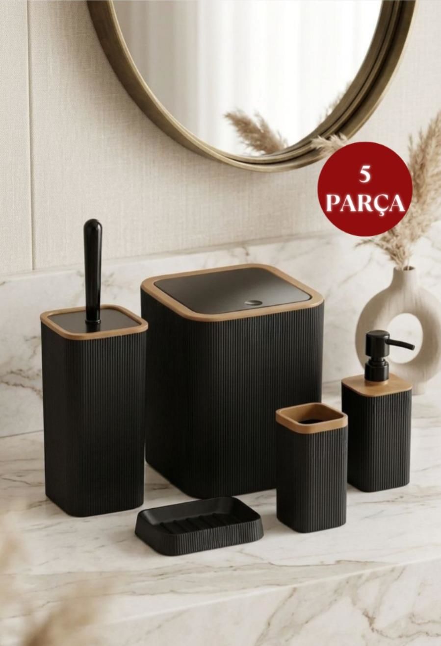 Okyanus Home Mina Due Siyah Çizgili Kare 5'li Banyo Seti