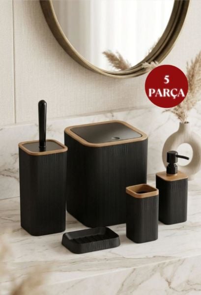 Okyanus Home Mina Due Siyah Çizgili Kare 5'li Banyo Seti