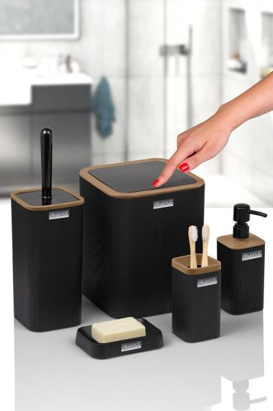 Okyanus Home Mina Due Siyah Çizgili Kare 5'li Banyo Seti