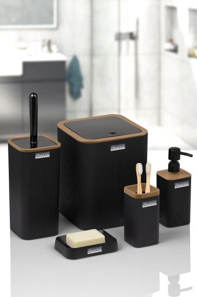 Okyanus Home Mina Due Siyah Çizgili Kare 5'li Banyo Seti