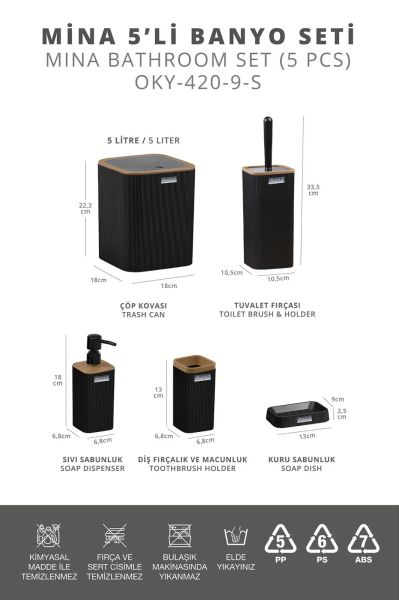 Okyanus Home Mina Due Siyah Çizgili Kare 5'li Banyo Seti