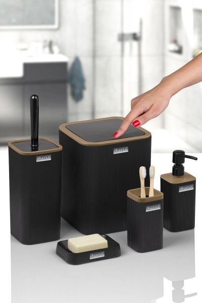 Okyanus Home Mina Due Siyah Çizgili Kare 5'li Banyo Seti