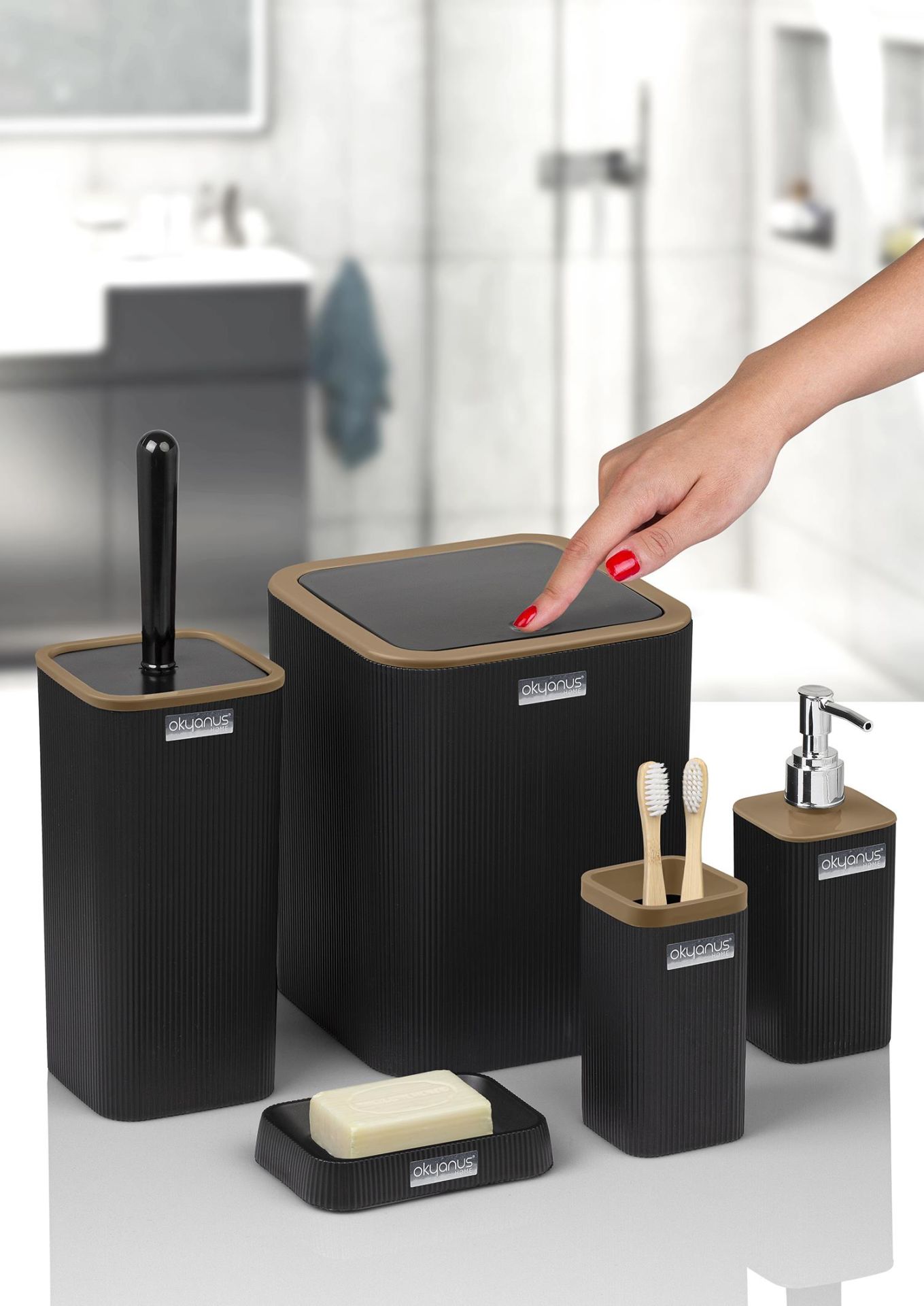 Okyanus Home Mina Due Siyah Çizgili Kare 5'li Banyo Seti