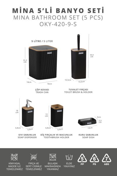 Okyanus Home Mina Due Siyah Çizgili Kare 5'li Banyo Seti