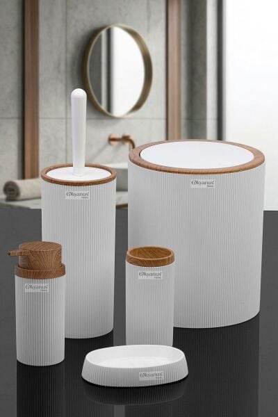 Okyanus Home Stella Beyaz Ahşap Desenli Çizgili Yuvarlak 5'li Banyo Seti