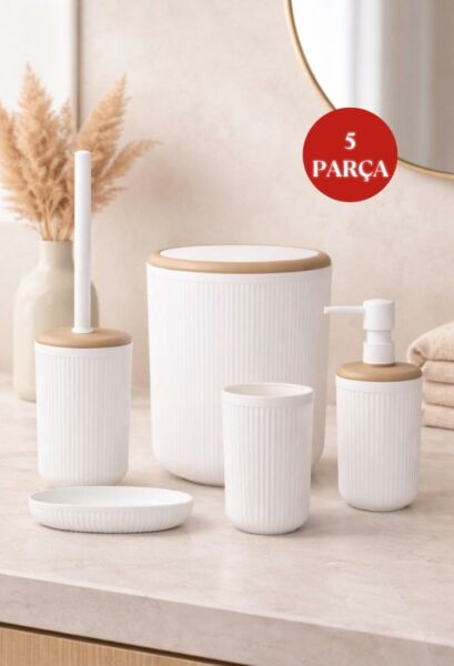 Okyanus Home Linea Due Kırık Beyaz Çizgili Yuvarlak 5'li Banyo Seti