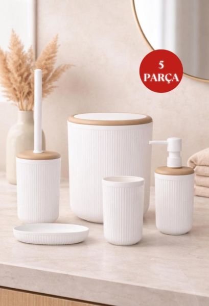 Okyanus Home Linea Due Kırık Beyaz Çizgili Yuvarlak 5'li Banyo Seti